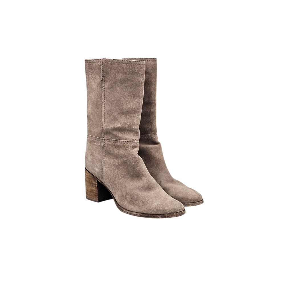 Frye Women's Size 8 B US EUC Greyish Suede Mid-Calf Pull-On Block Heel Boots